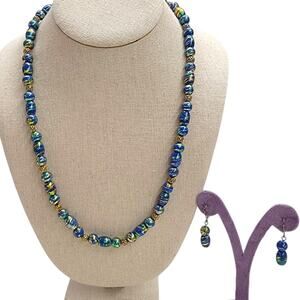 Vintage Murano Style Cobalt Blue Art Glass Bead Necklace Dangle Earrings Set